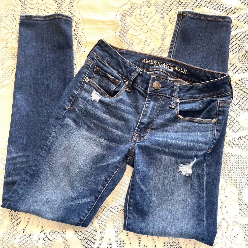 American Eagle Outfitters Blue Skinny Jeans with Distressed Details